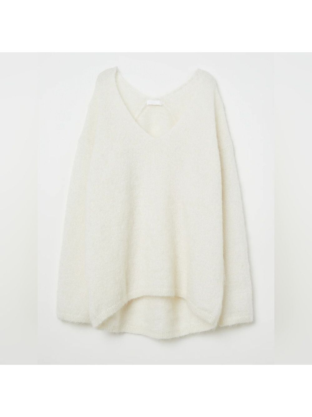 H&M White V-Neck Fuzzy Sweater with Oversized Fit